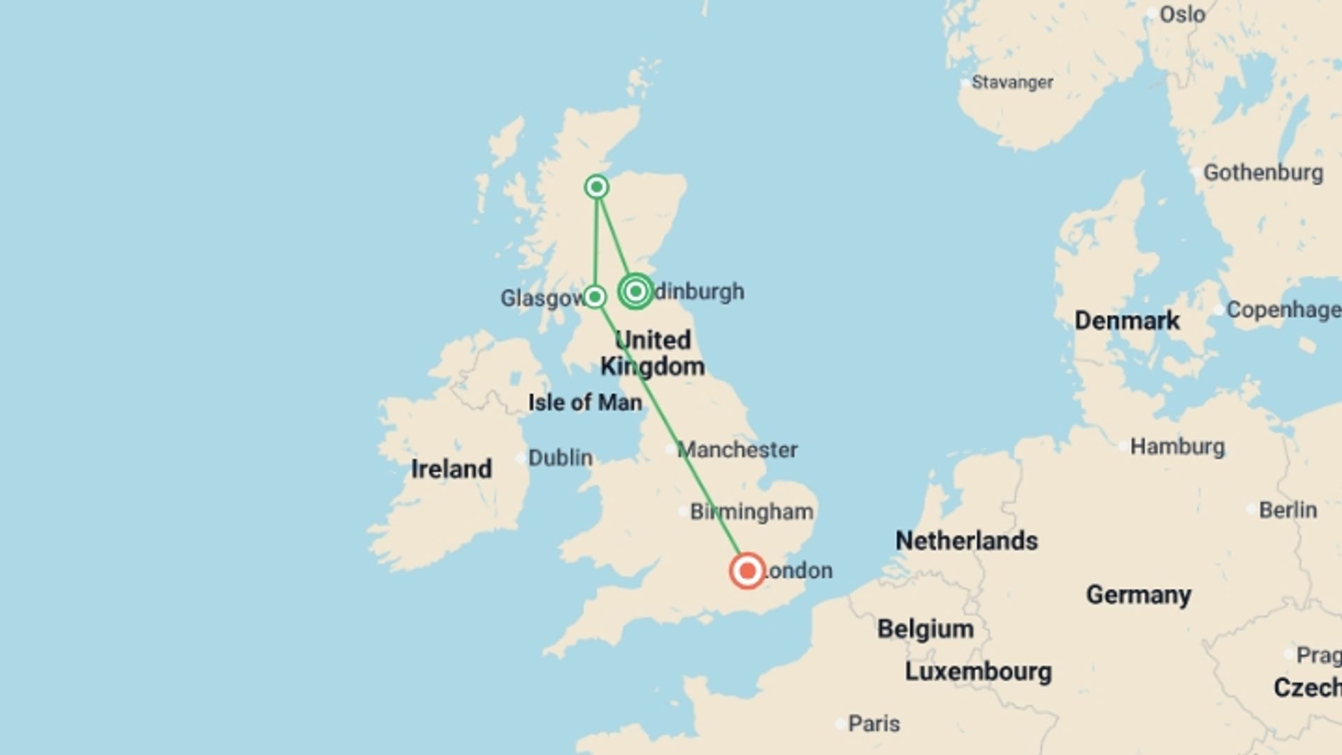 A map showing the tour itinerary for the trip: Scotland end London, starting in Edinburgh, Scotland and ending in London, England going through 2 other destinations.