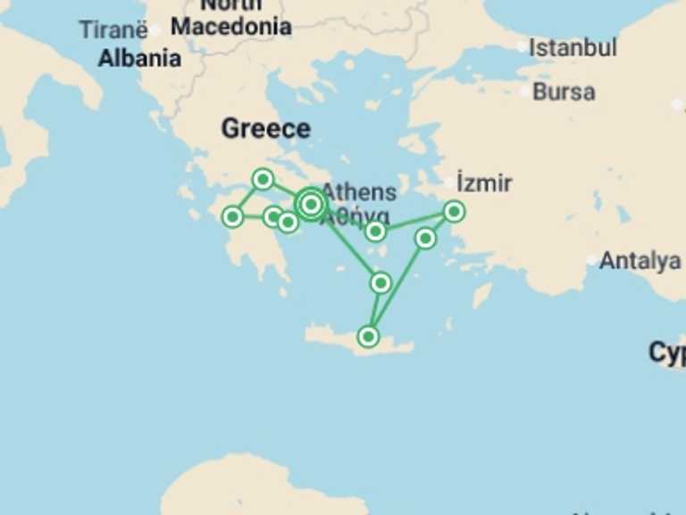 Map of a Explorer Tour with 6 destination visits for the trip: Gems of Greece & Aegean Cruise - 9 days