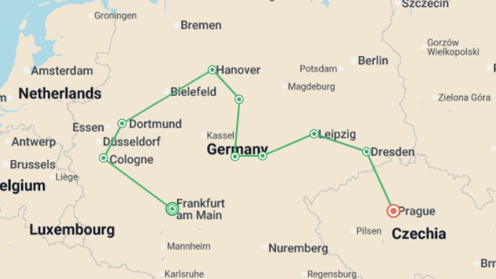 A map showing the tour itinerary for the trip: Tour of the Heart of Germany, Ending in Prague, starting in Frankfurt, Germany and ending in Prague, Czech Republic going through 4 other destinations.