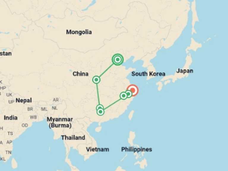 Map of a Art and architecture Tour with 11 destination visits for the trip: 16-Day Autumn Tour in China