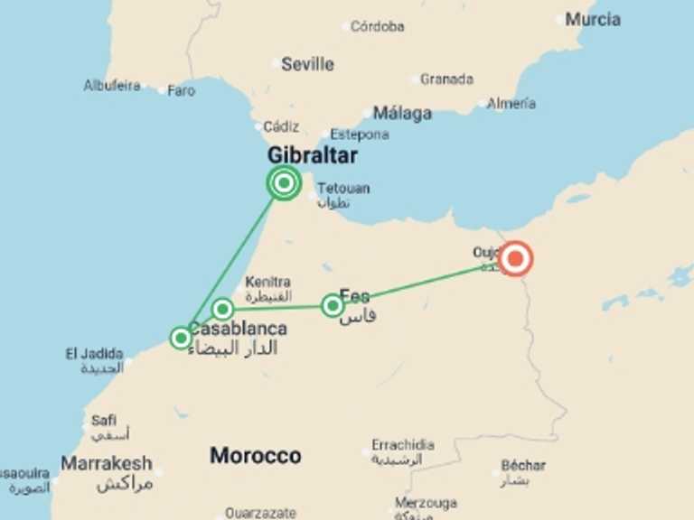 Map itinerary of Mediterranean Tour in July 2026 with 5 destination visits for the trip: Morocco by Train - 9 days
