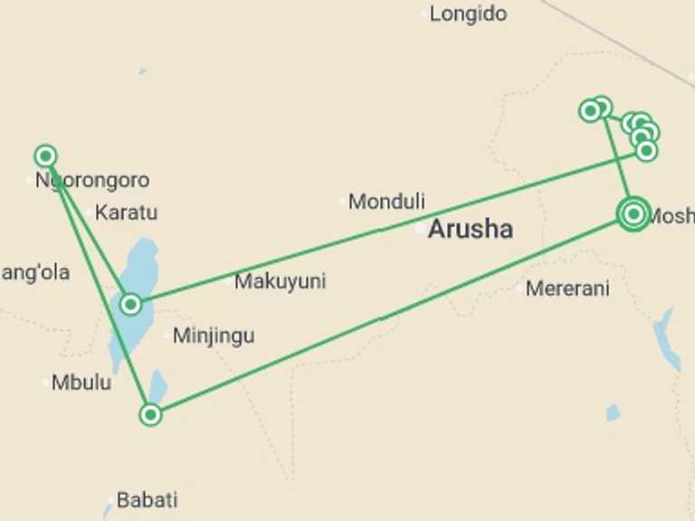 Map itinerary of Africa Tour in October 2026 with 11 destination visits for the trip: Kilimanjaro - Lemosho Trek + Safari Extension