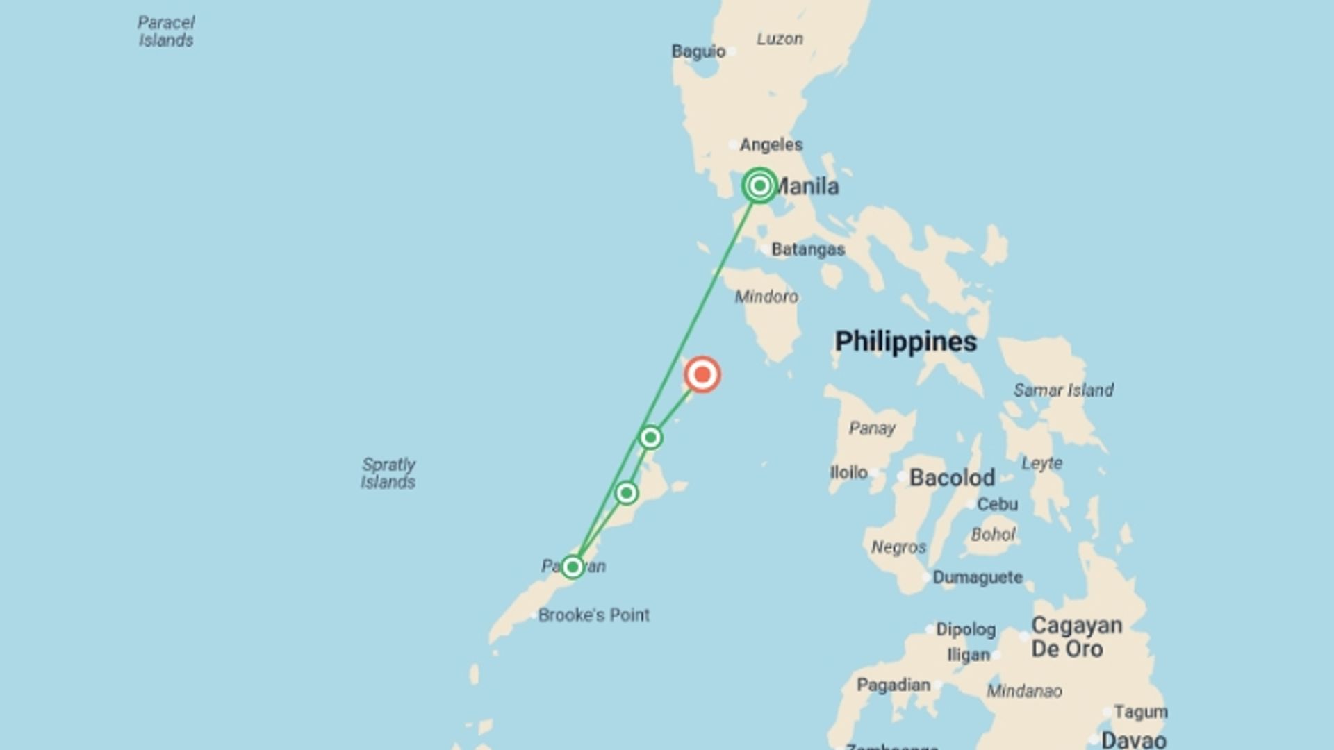 A map showing the tour itinerary for the trip: Philippines Backpacker, starting in Manila, Philippines and ending in Coron, Philippines going through 3 other destinations.