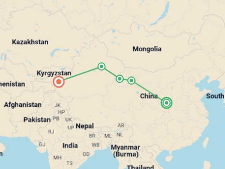 Map of China Local culture Tour with 7 destination visits for the trip: Mysterious Adventures on China's Silk Road