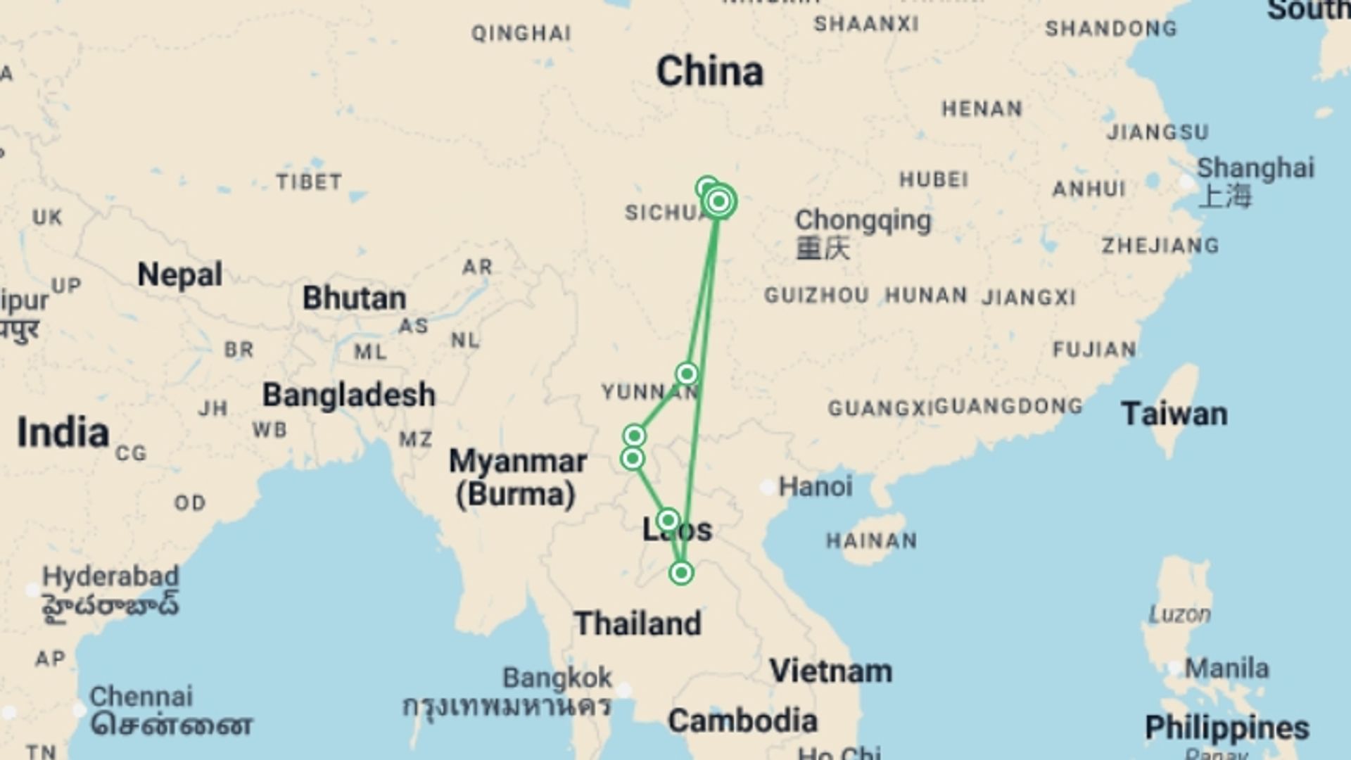 A map showing the tour itinerary for the trip: Cultural Treasures And Serene Landscapes: Chengdu's Path To Laos Tour, starting in Chengdu, China and ending in Chengdu, China going through 6 other destinations.
