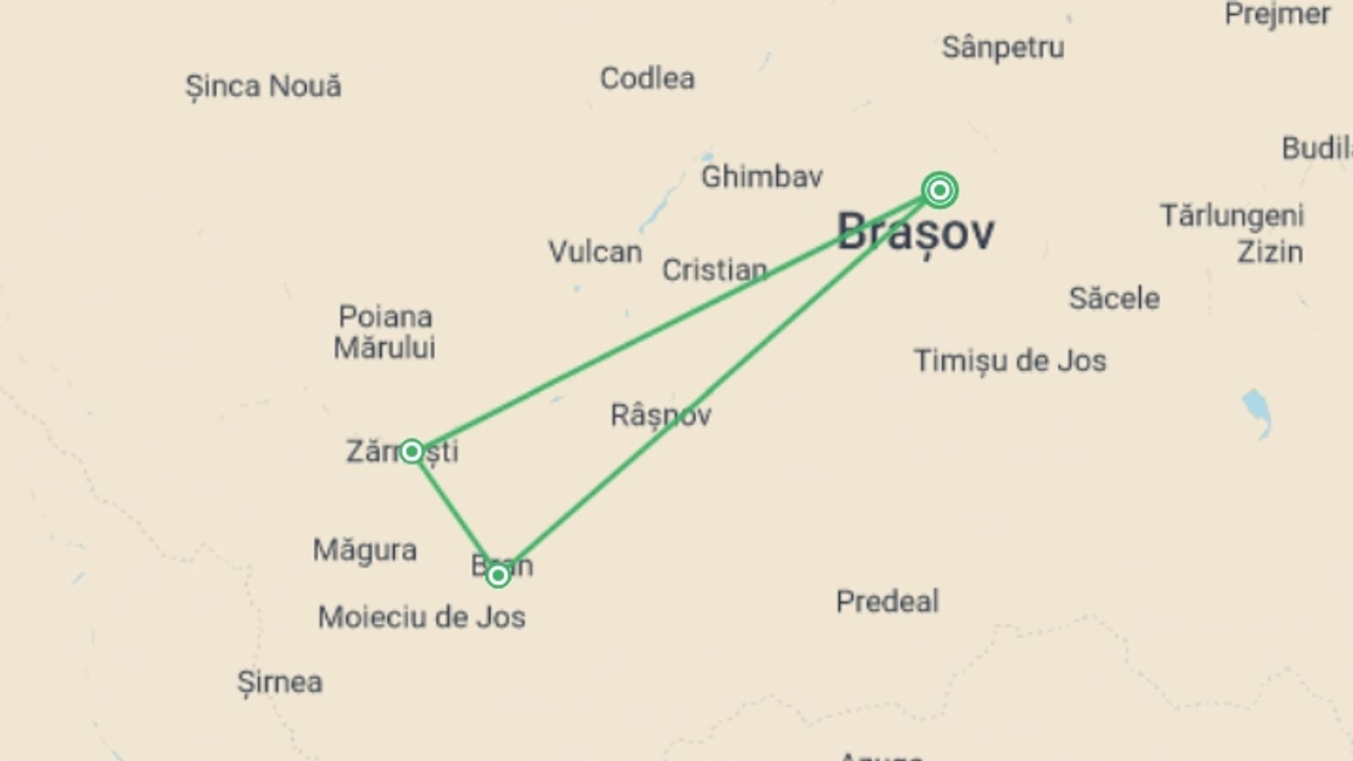 A map showing the tour itinerary for the trip: Transylvanian Castles Walk, starting in Brasov, Romania and ending in Brasov, Romania going through 2 other destinations.