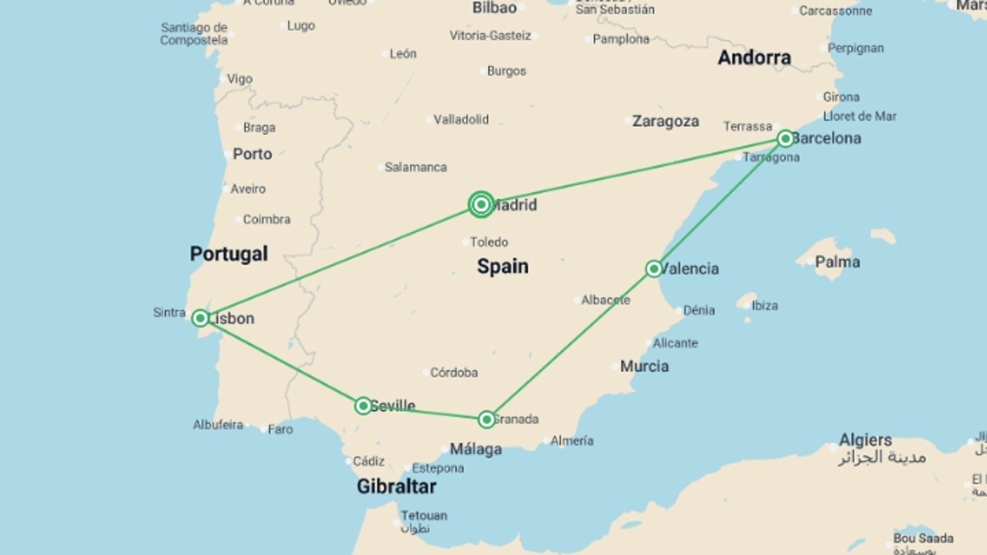 A map showing the tour itinerary for the trip: Great Iberian Route, starting in Madrid, Spain and ending in Madrid, Spain going through 6 other destinations.