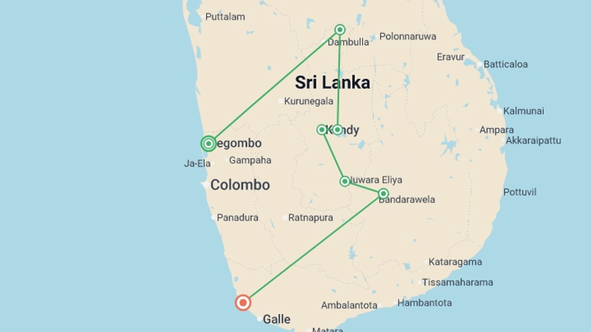 A map showing the tour itinerary for the trip: Sri Lanka: Spice Gardens & Seasides, starting in Negombo, Sri Lanka and ending in Hikkaduwa, Sri Lanka going through 5 other destinations.