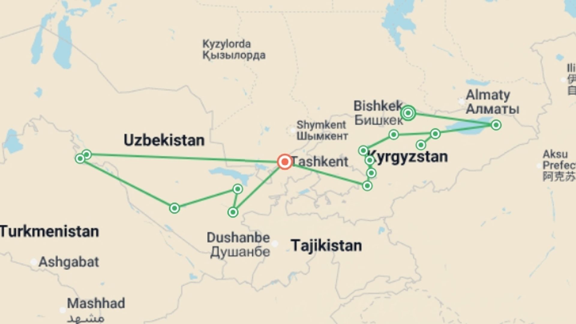A map showing the tour itinerary for the trip: The Silk Road of Kyrgyzstan and Uzbekistan, starting in Bishkek, Kyrgyzstan and ending in Tashkent, Uzbekistan going through 13 other destinations.