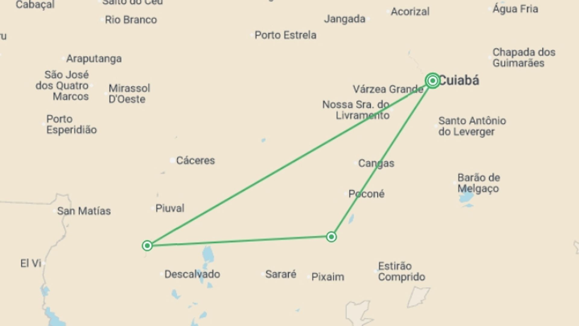 A map showing the tour itinerary for the trip: Pantanal - Land of the Jaguar, starting in Cuiaba, Brazil and ending in Cuiaba, Brazil going through 2 other destinations.