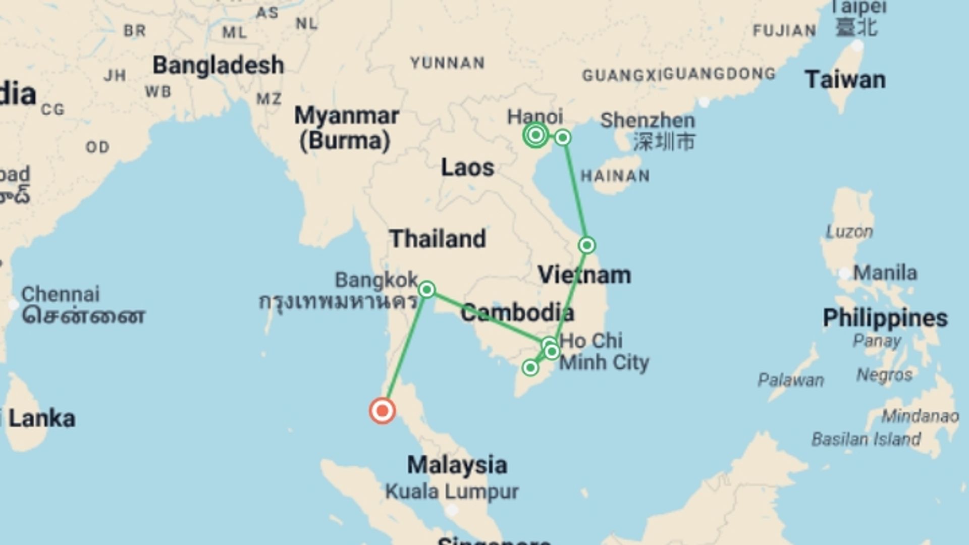 A map showing the tour itinerary for the trip: Spirit of Vietnam and Thailand 15 Days, starting in Hanoi, Vietnam and ending in Phuket, Thailand going through 6 other destinations.