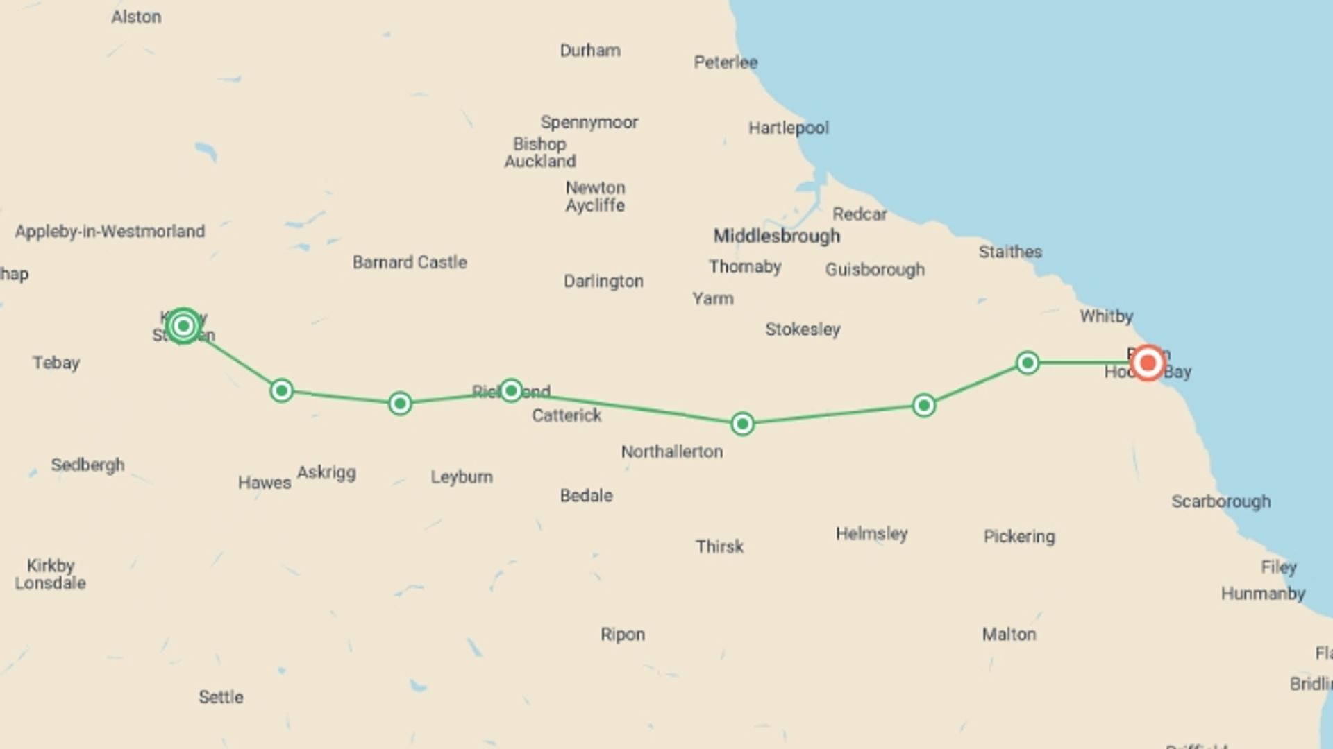 A map showing the tour itinerary for the trip: Coast to Coast East - Kirkby Stephen to Robin Hood's Bay - 9 Days, starting in Kirkby Stephen, England and ending in Robin Hoods Bay, England going through 6 other destinations.