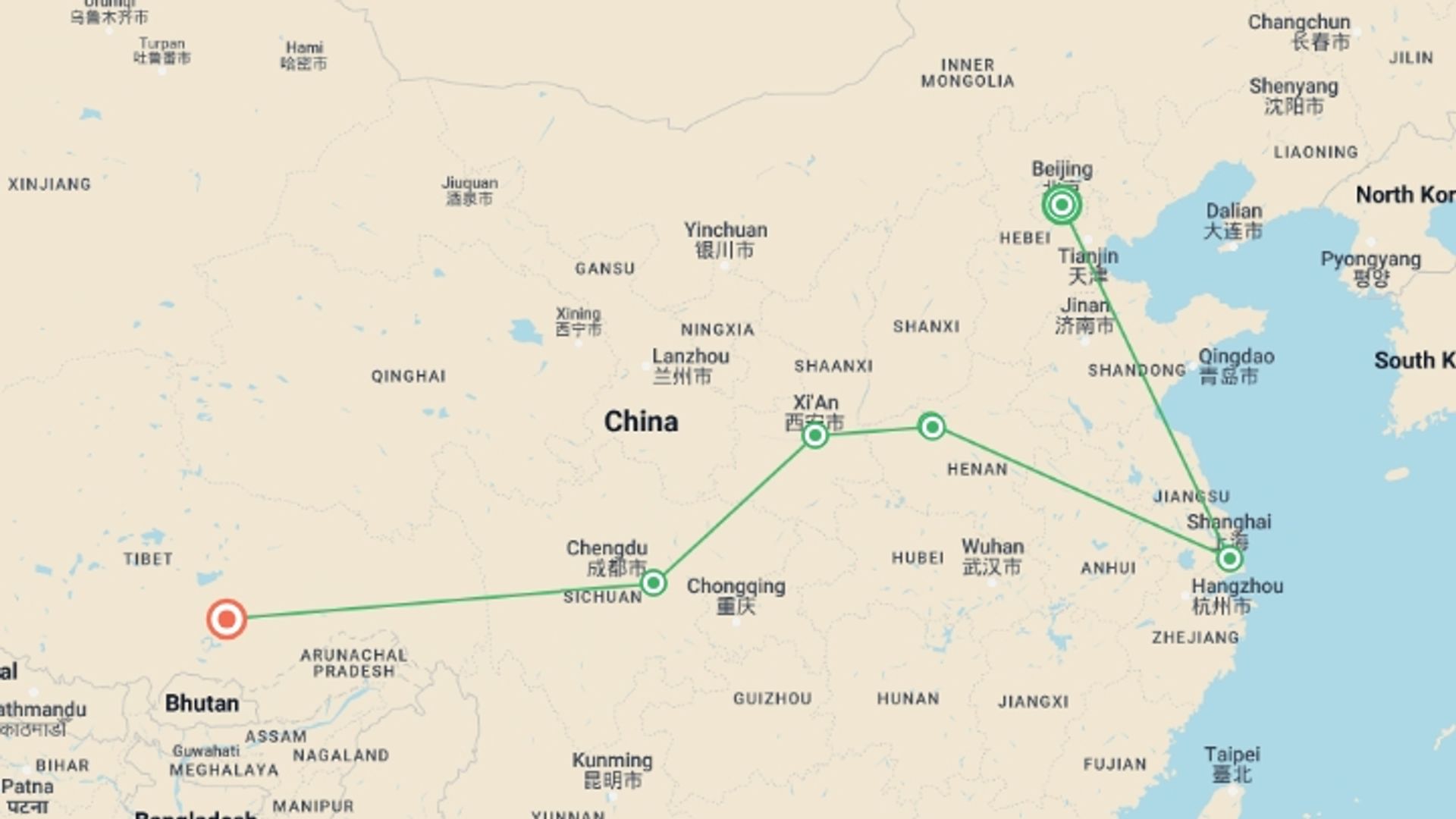 A map showing the tour itinerary for the trip: Essence of China with Chengdu and Lhasa, starting in Beijing, China and ending in Lhasa, China going through 4 other destinations.