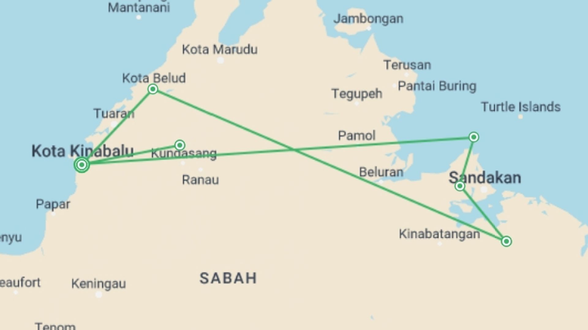 A map showing the tour itinerary for the trip: Highlights of Sabah & Mt Kinabalu, starting in Kota Kinabalu, Malaysia and ending in Kota Kinabalu, Malaysia going through 5 other destinations.