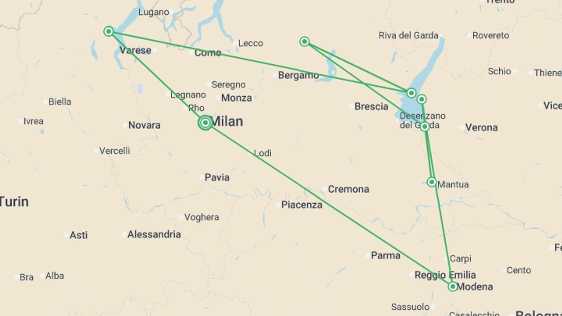 A map showing the tour itinerary for the trip: Northern Italian Lakes & Countryside, starting in Milan, Italy and ending in Milan, Italy going through 6 other destinations.