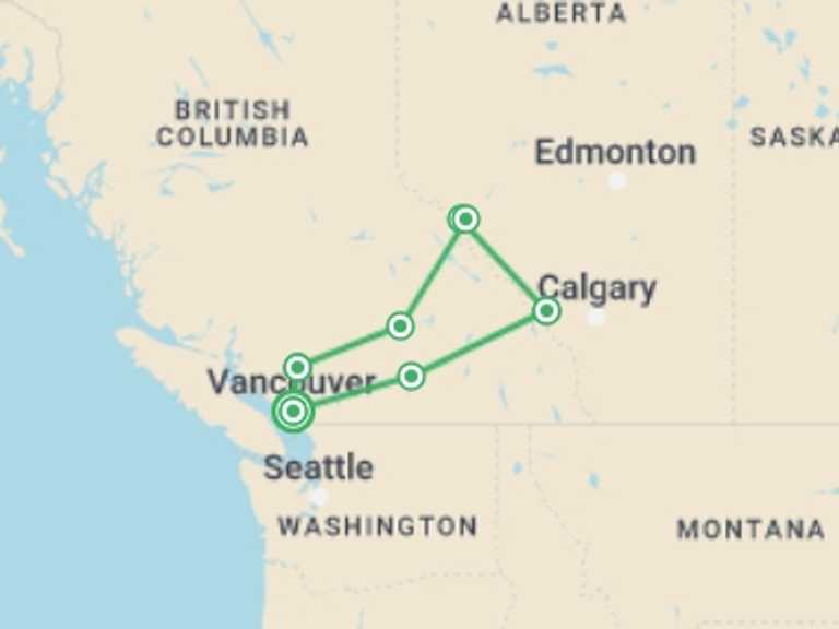 Map of Canada Natural landmarks sightseeing Tour with 7 destination visits for the trip: Get Social: Canadian Rockies