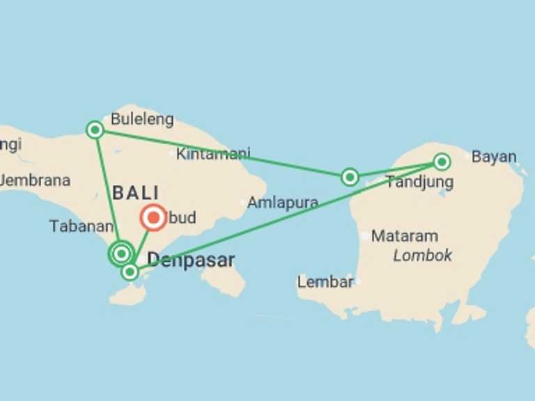Map of Indonesia Tour with 6 destination visits for the trip: Bali & Lombok Uncovered  - 15 days