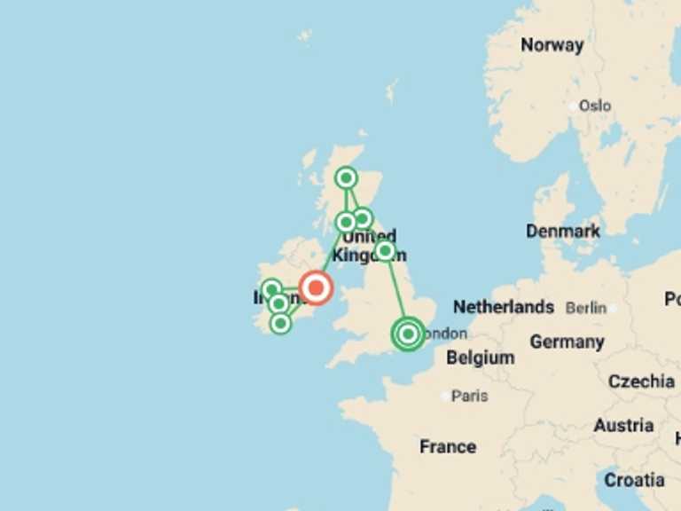 Map itinerary of Europe Tour in Spring with 9 destination visits for the trip: Leisurely United Kingdom and Ireland
