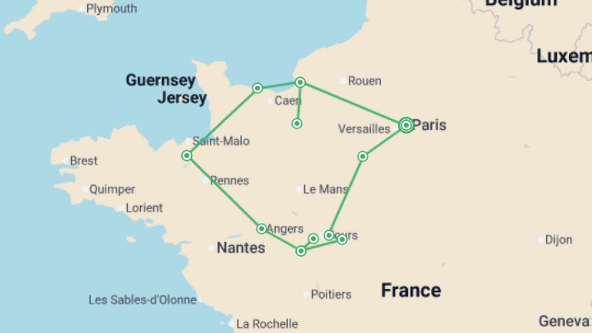 A map showing the tour itinerary for the trip: La Belle France, starting in Paris, France and ending in Paris, France going through 5 other destinations.