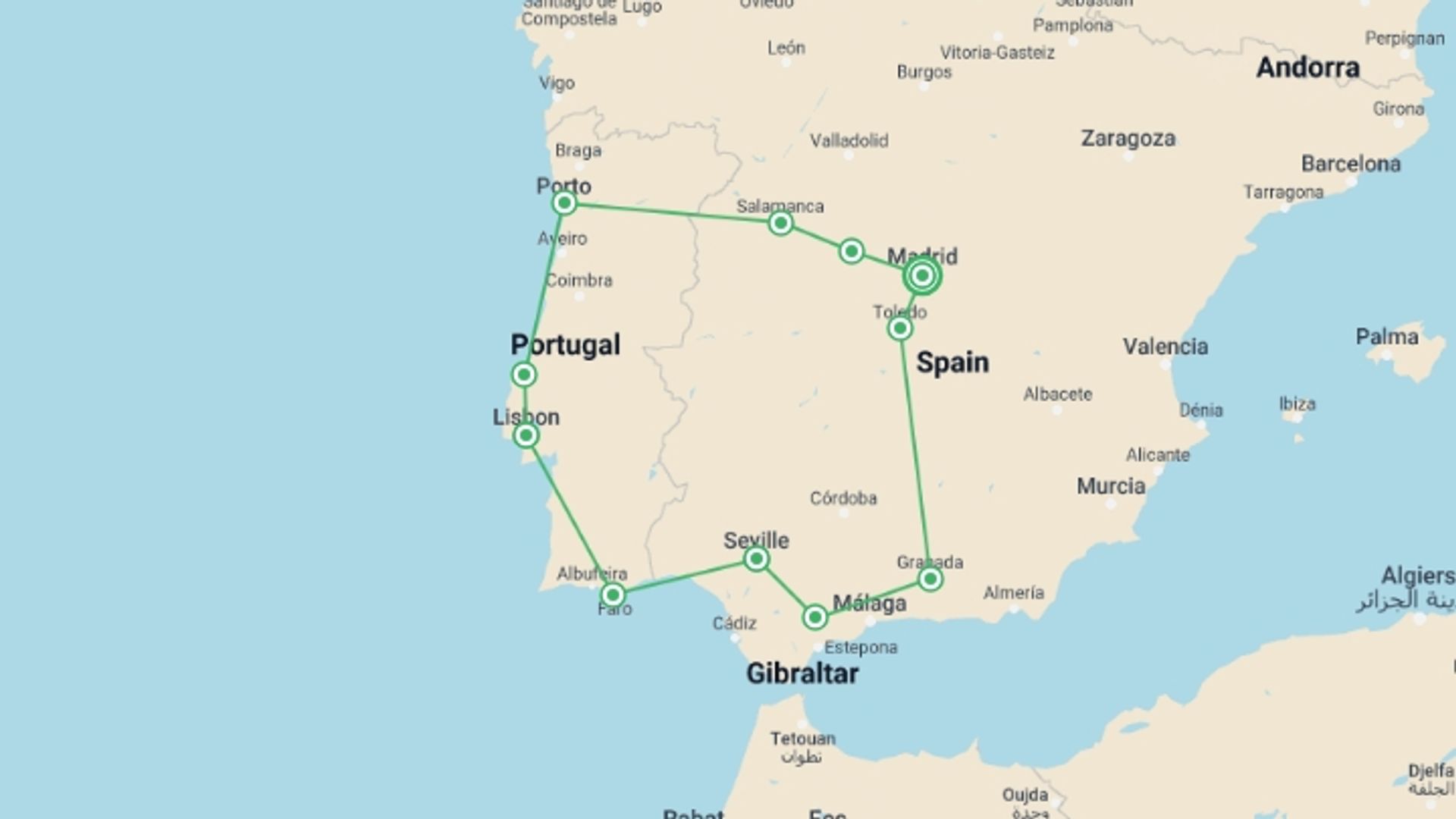 A map showing the tour itinerary for the trip: Highlights of Spain & Portugal, starting in Madrid, Spain and ending in Madrid, Spain going through 5 other destinations.