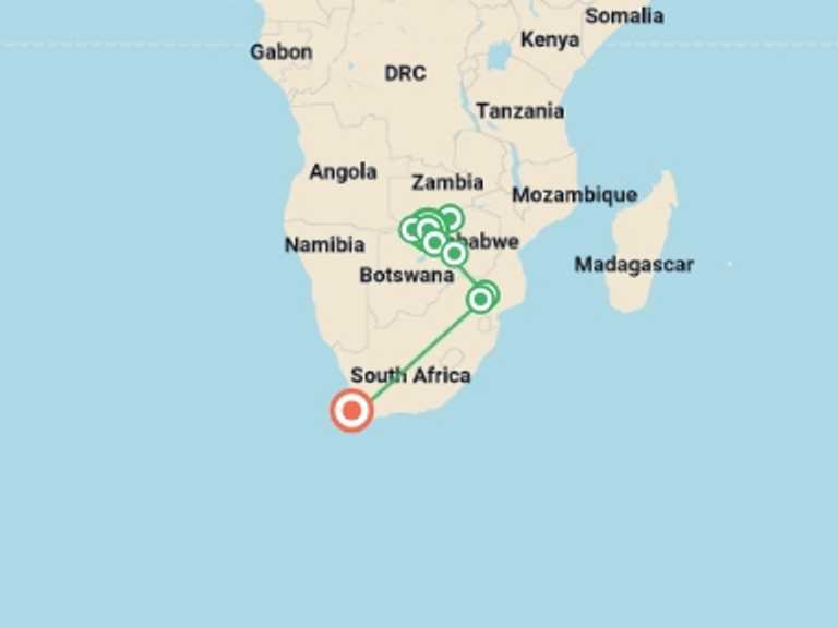 Map of Africa Tour with 9 destination visits for the trip: Southern Africa: National Parks of Zimbabwe & Kruger Wildlife Tracking