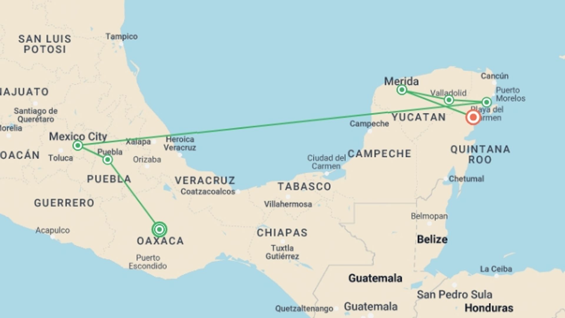 A map showing the tour itinerary for the trip: Mexico: Central Mexico & the Yucatan Peninsula, starting in Oaxaca, Mexico and ending in Tulum, Mexico going through 5 other destinations.