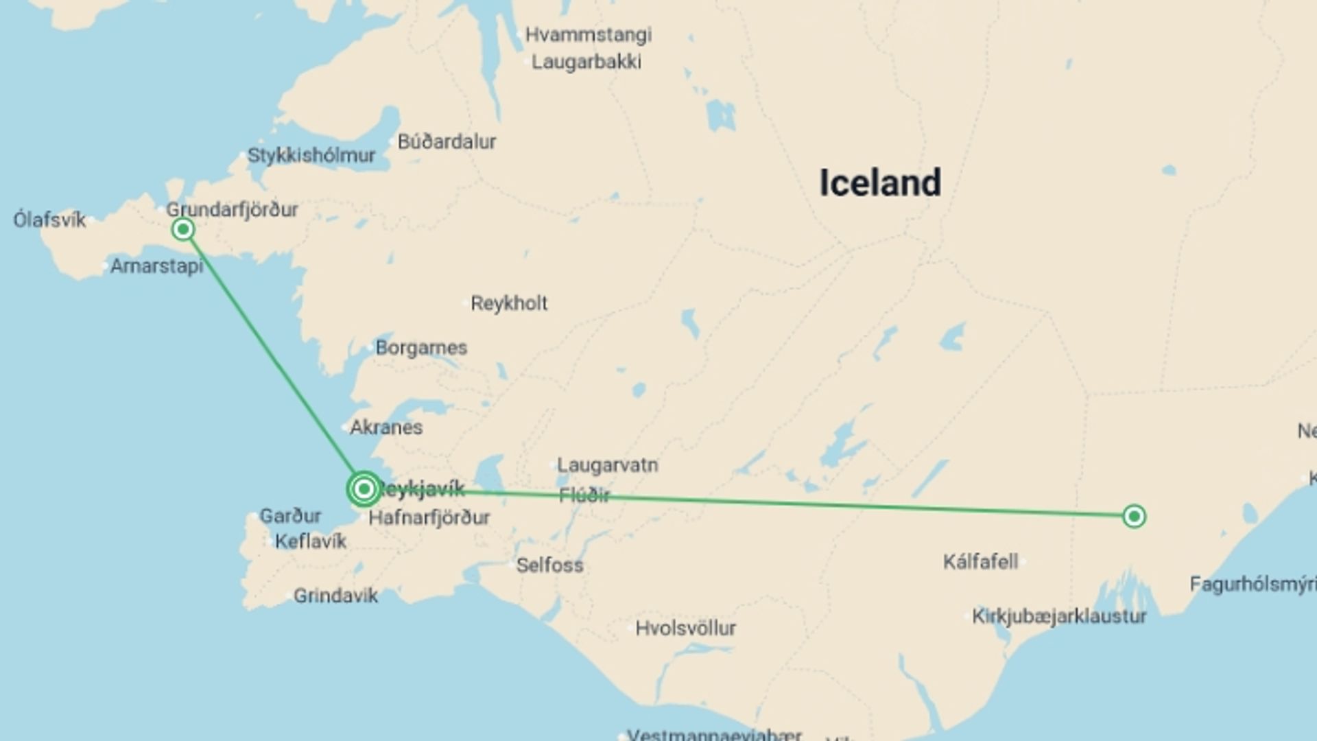 A map showing the tour itinerary for the trip: Iceland Northern Lights Experience 4D/3N, starting in Reykjavik, Iceland and ending in Reykjavik, Iceland going through 2 other destinations.