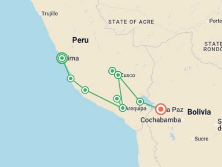 Map itinerary of Inca Trail Tour in Spring with 9 destination visits for the trip: Peru Essentials