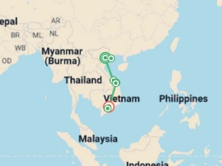 Map of Hanoi Local boat rides Tour with 7 destination visits for the trip: The Heritage of Vietnam (Private Tour )