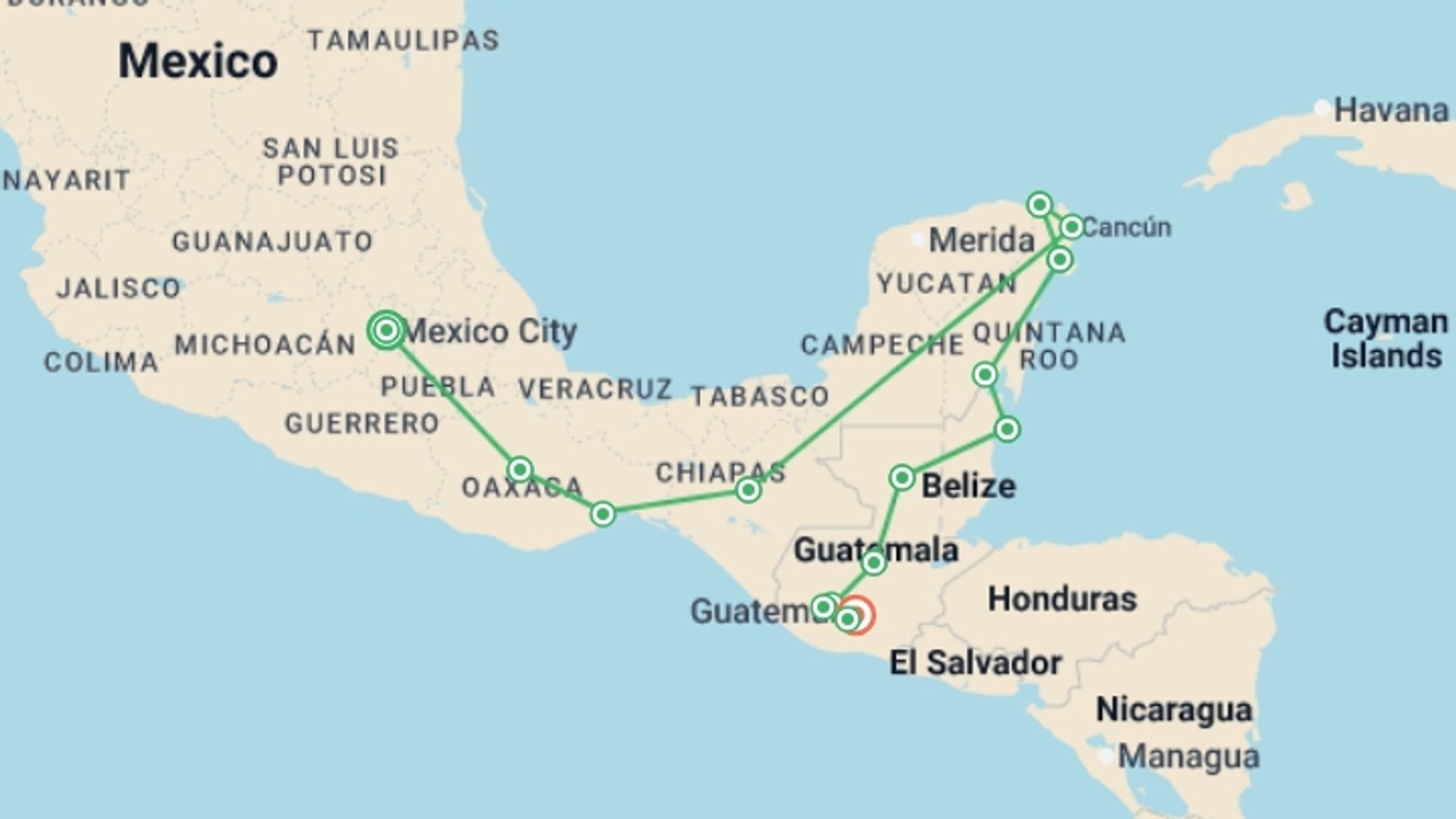 A map showing the tour itinerary for the trip: Mexico City to Antigua Youth Adventure  - 28 days, starting in Mexico City, Mexico and ending in Antigua, Guatemala going through 13 other destinations.