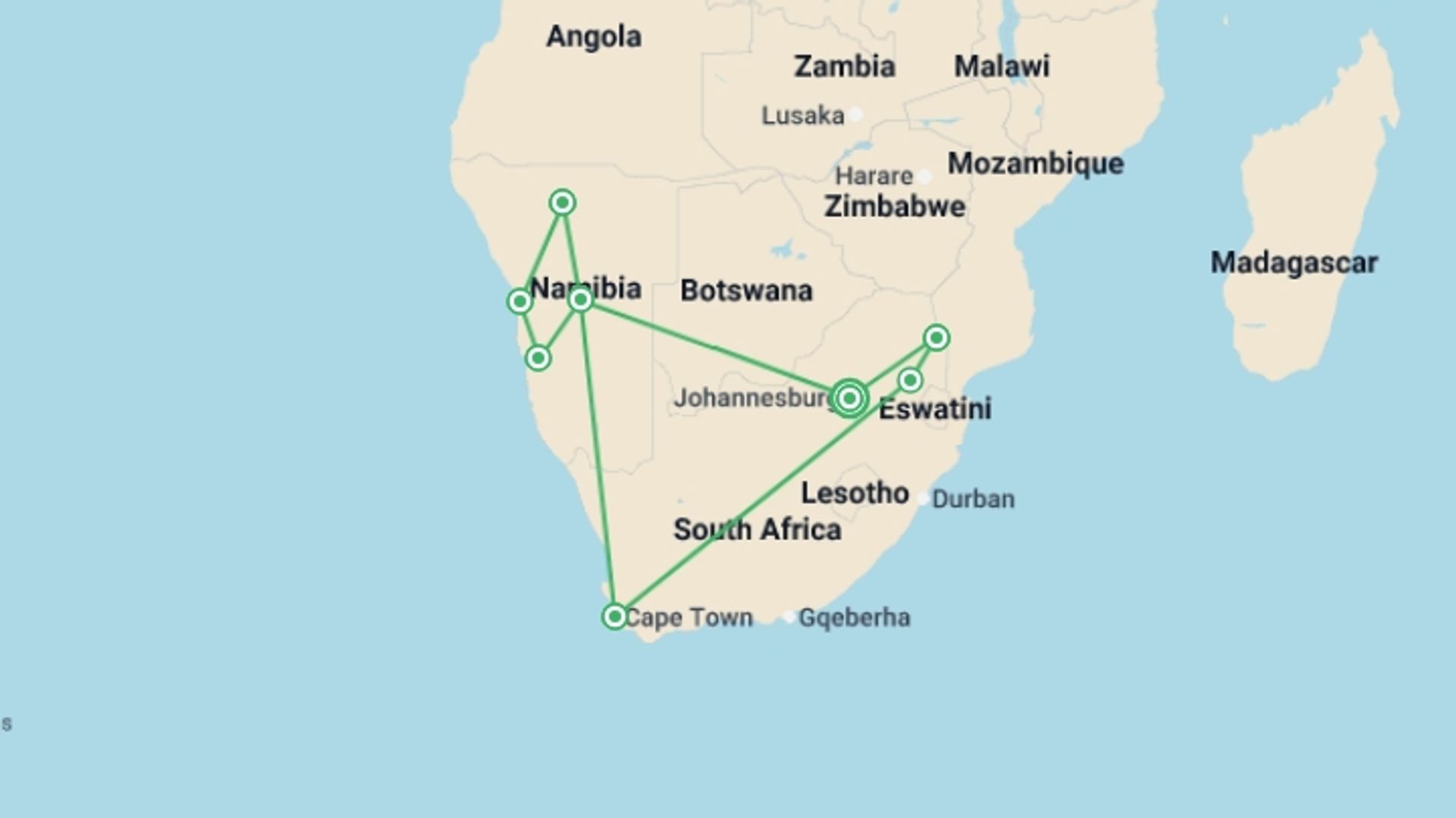A map showing the tour itinerary for the trip: Namibia & South Africa: Epic Landscapes and Wildlife , starting in Johannesburg, South Africa and ending in Johannesburg, South Africa going through 6 other destinations.