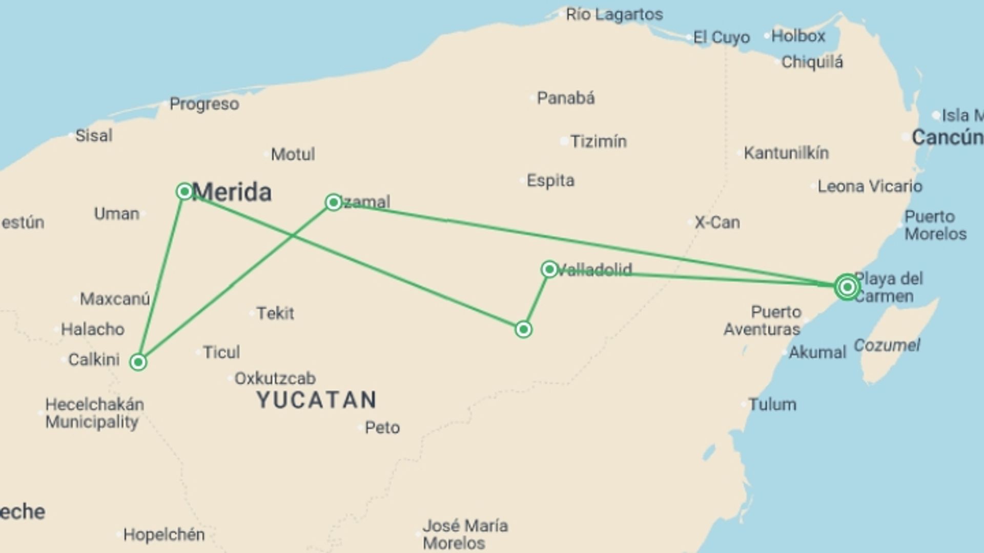 A map showing the tour itinerary for the trip: Mini Yucatan Tour, German-speaking Guide, starting in Playa Del Carmen, Mexico and ending in Playa Del Carmen, Mexico going through 1 other destinations.