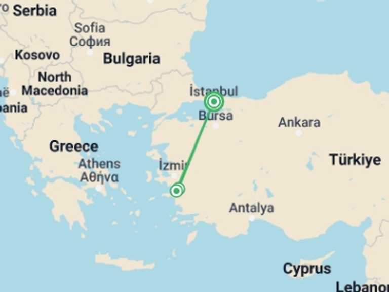 Map itinerary of Istanbul Tour in January 2027 with 4 destination visits for the trip: Istanbul, Ephesus & Pamukkale in 5 Days