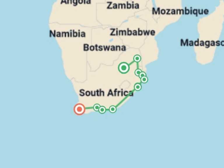 Map of 14-Day Cape Town Tour with 9 destination visits for the trip: South Africa Grand Tour - 14 days