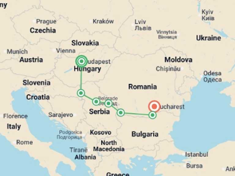 Map itinerary of Europe Tour in April 2027 with 7 destination visits for the trip: Highlights of Eastern Europe (2027)