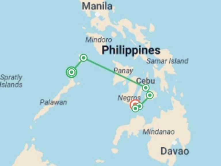 Map itinerary of Coron Tour in Fall with 7 destination visits for the trip: 12-Day Ultimate Philippines