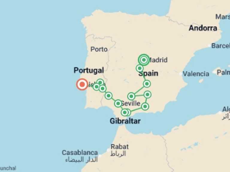 Map of 12-Day Madrid Tour with 9 destination visits for the trip: Iberian Inspiration