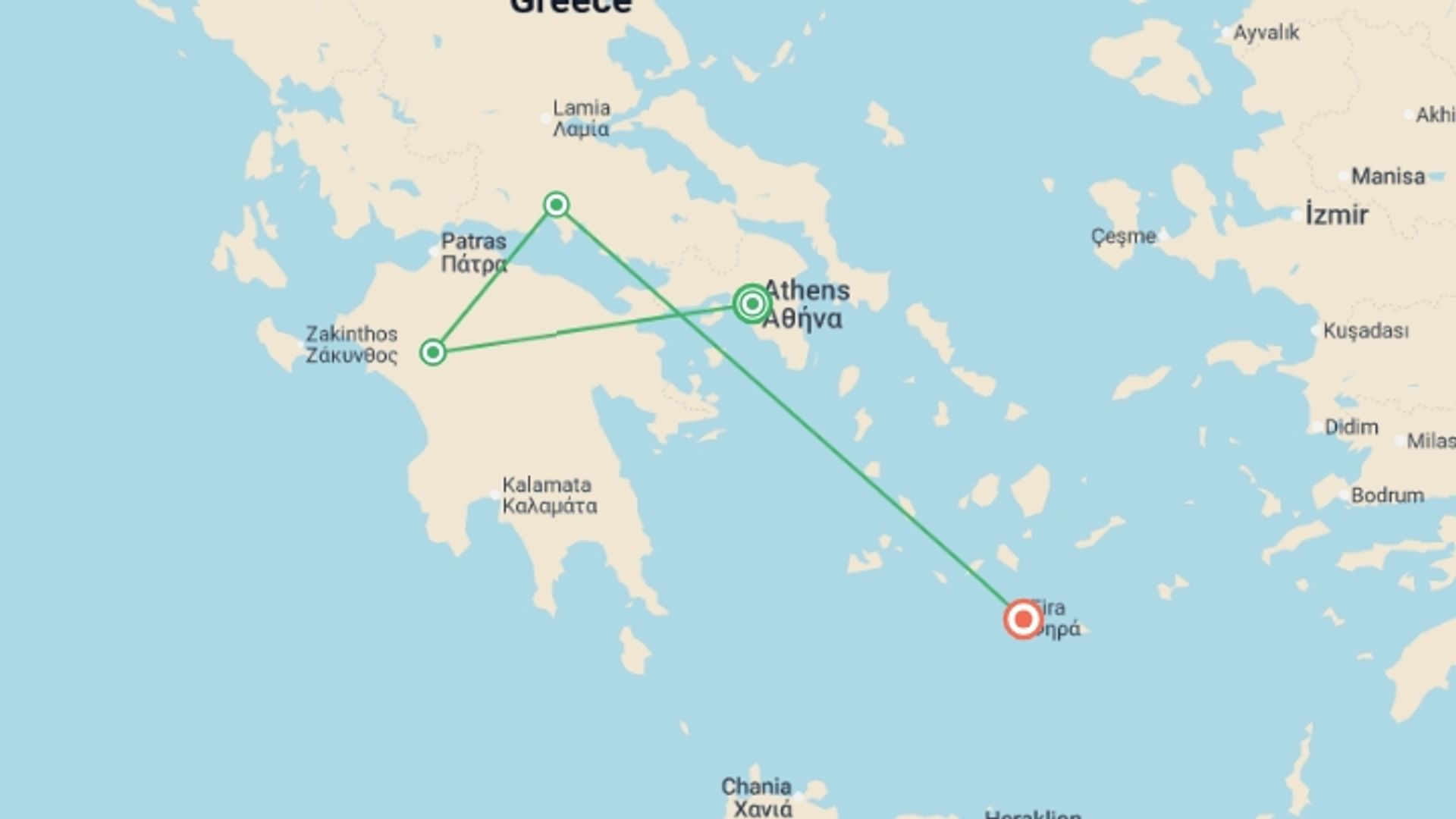 A map showing the tour itinerary for the trip: Greenland Express - 4 days, starting in Athens, Greece and ending in Santorini, Greece going through 2 other destinations.