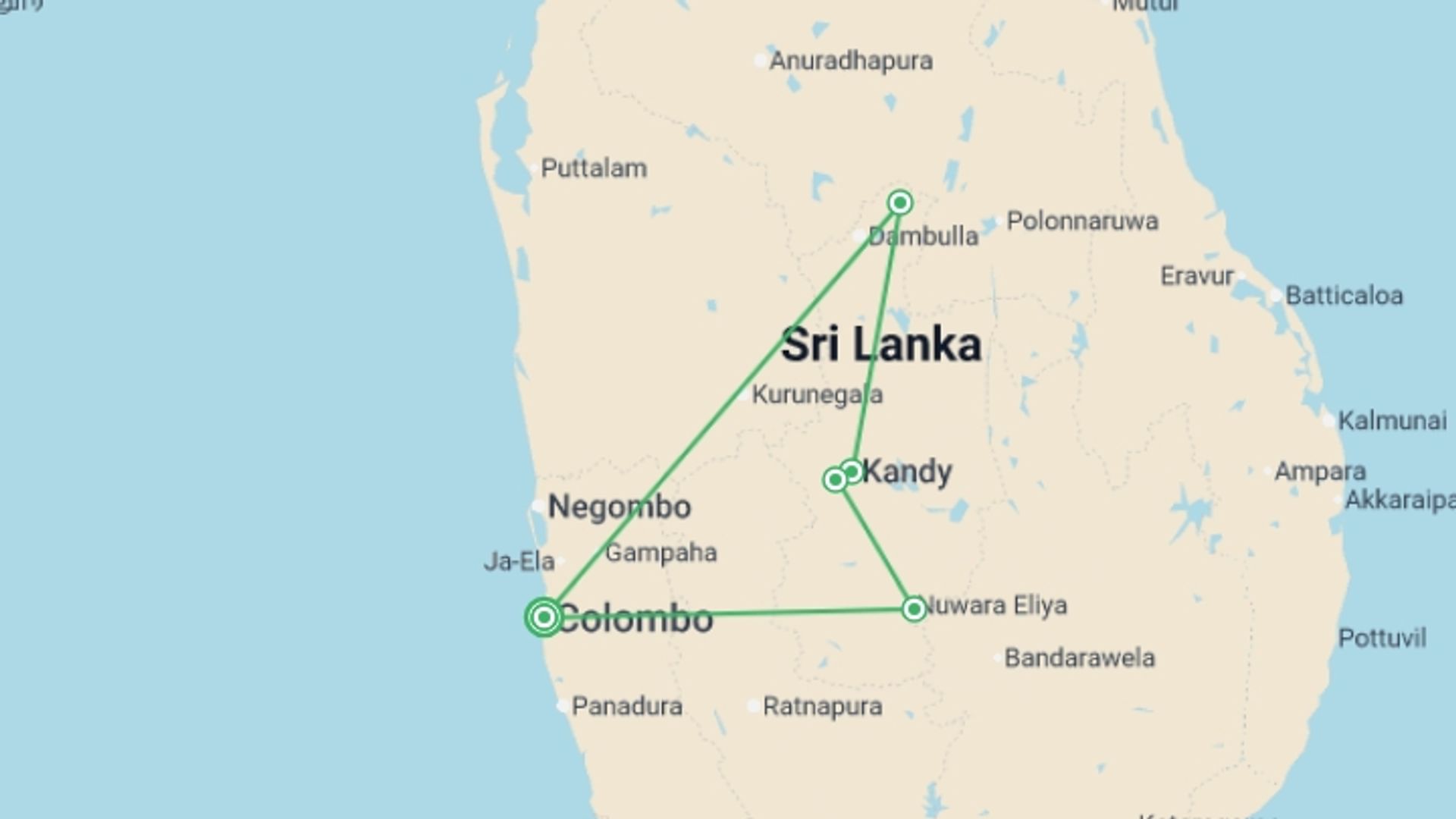 A map showing the tour itinerary for the trip: Best of Sri Lanka Highlights Tour, starting in Colombo, Sri Lanka and ending in Nuwara eliya, Sri Lanka going through 5 other destinations.