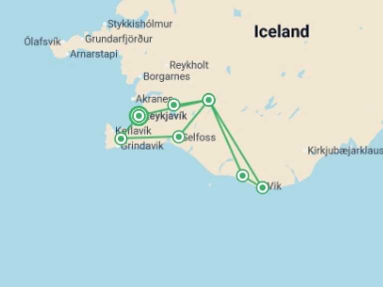 Map itinerary of Iceland Tour in July 2026 with 2 destination visits for the trip: Southwest Iceland Discovered - 7 days