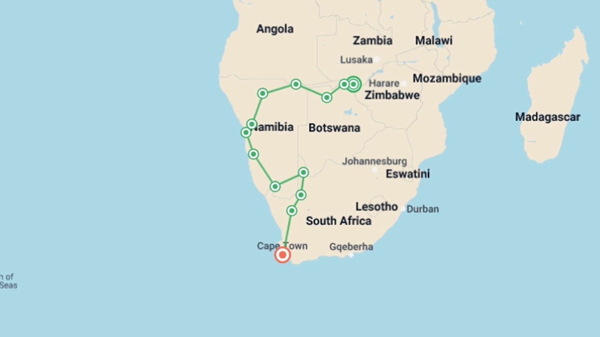 A map showing the tour itinerary for the trip: Southern Africa Explorer (VFA to CPT), starting in Victoria Falls, Zimbabwe and ending in Cape Town, South Africa going through 11 other destinations.