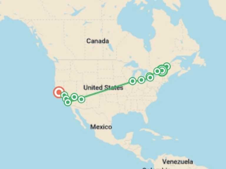 Map of North America Tour with 13 destination visits for the trip: Canadian Capitals with Chicago and the entire West Coast