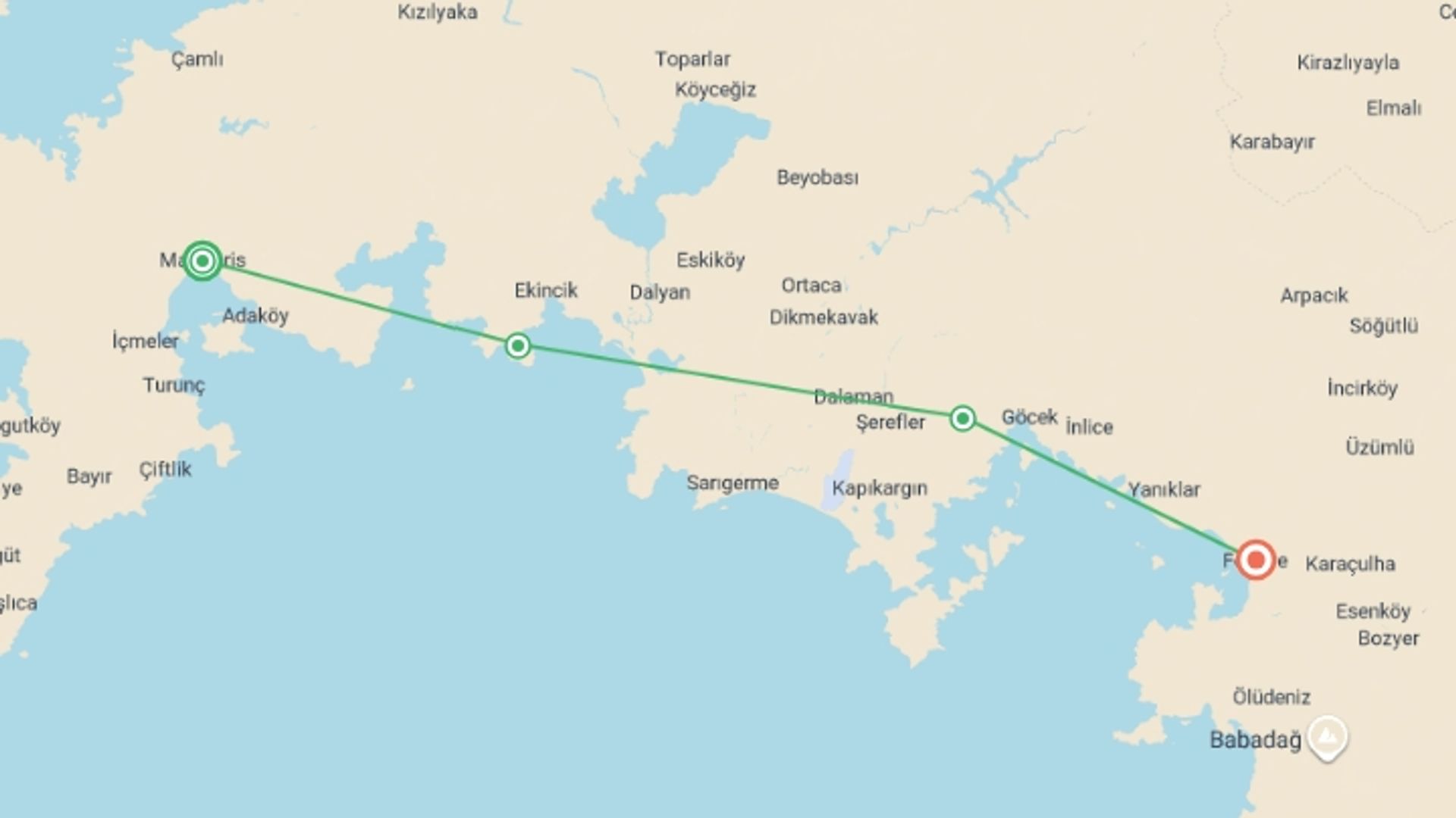A map showing the tour itinerary for the trip: Gocek Discovery - Marmaris to Fethiye, starting in Marmaris, Turkey and ending in Fethiye, Turkey going through 2 other destinations.