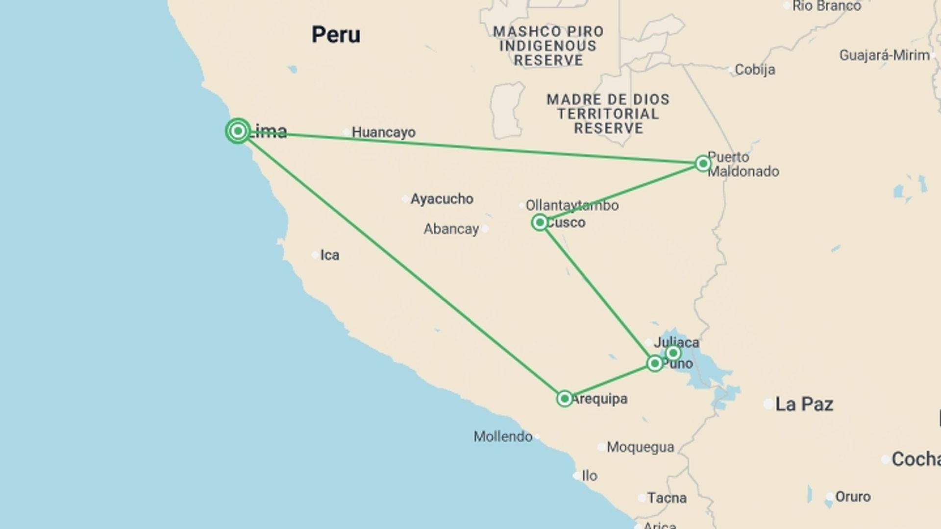 A map showing the tour itinerary for the trip: Peru, Canyon & Jungle - 17 days, starting in Lima, Peru and ending in Lima, Peru going through 4 other destinations.