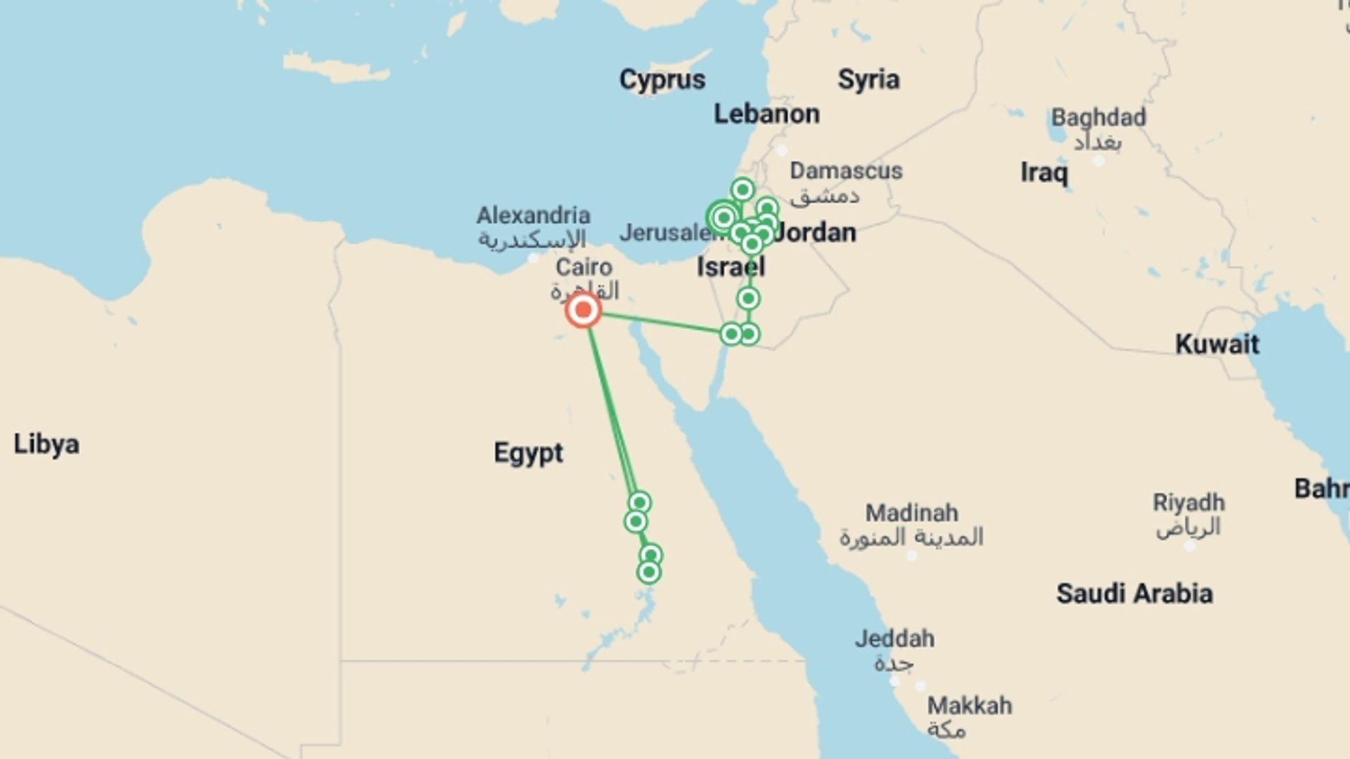 A map showing the tour itinerary for the trip: Israel, Jordan and Egypt Nile Jewels, starting in Tel Aviv, Israel and ending in Cairo, Egypt going through 10 other destinations.