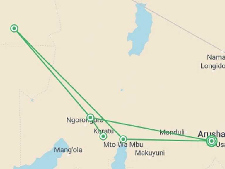 Map of Tanzania Tour with 5 destination visits for the trip: Tanzania Family Journey: A Serengeti Safari