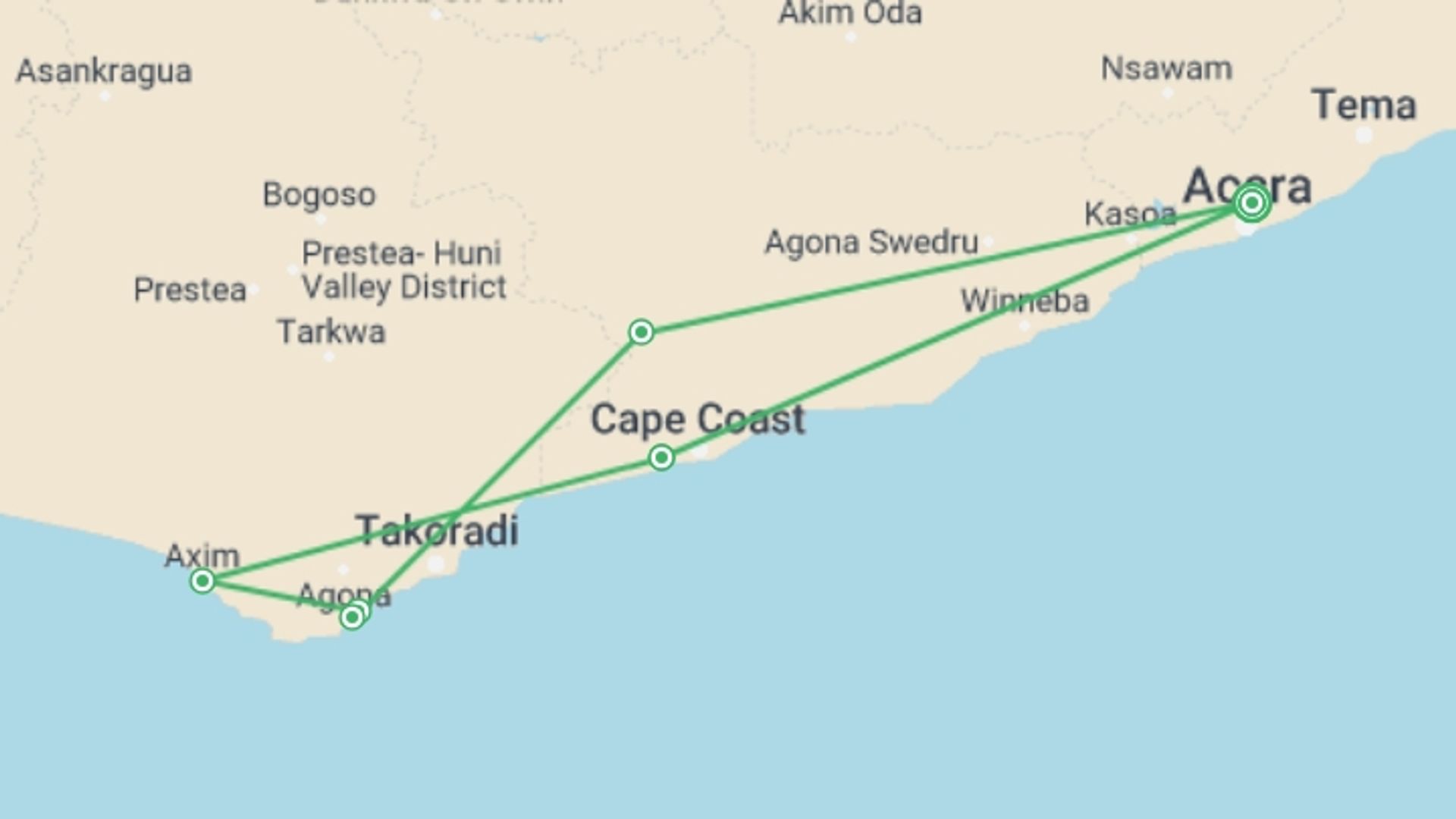 A map showing the tour itinerary for the trip: Trails of the Transatlantic Slave Trade, starting in Accra, Ghana and ending in Accra, Ghana going through 3 other destinations.