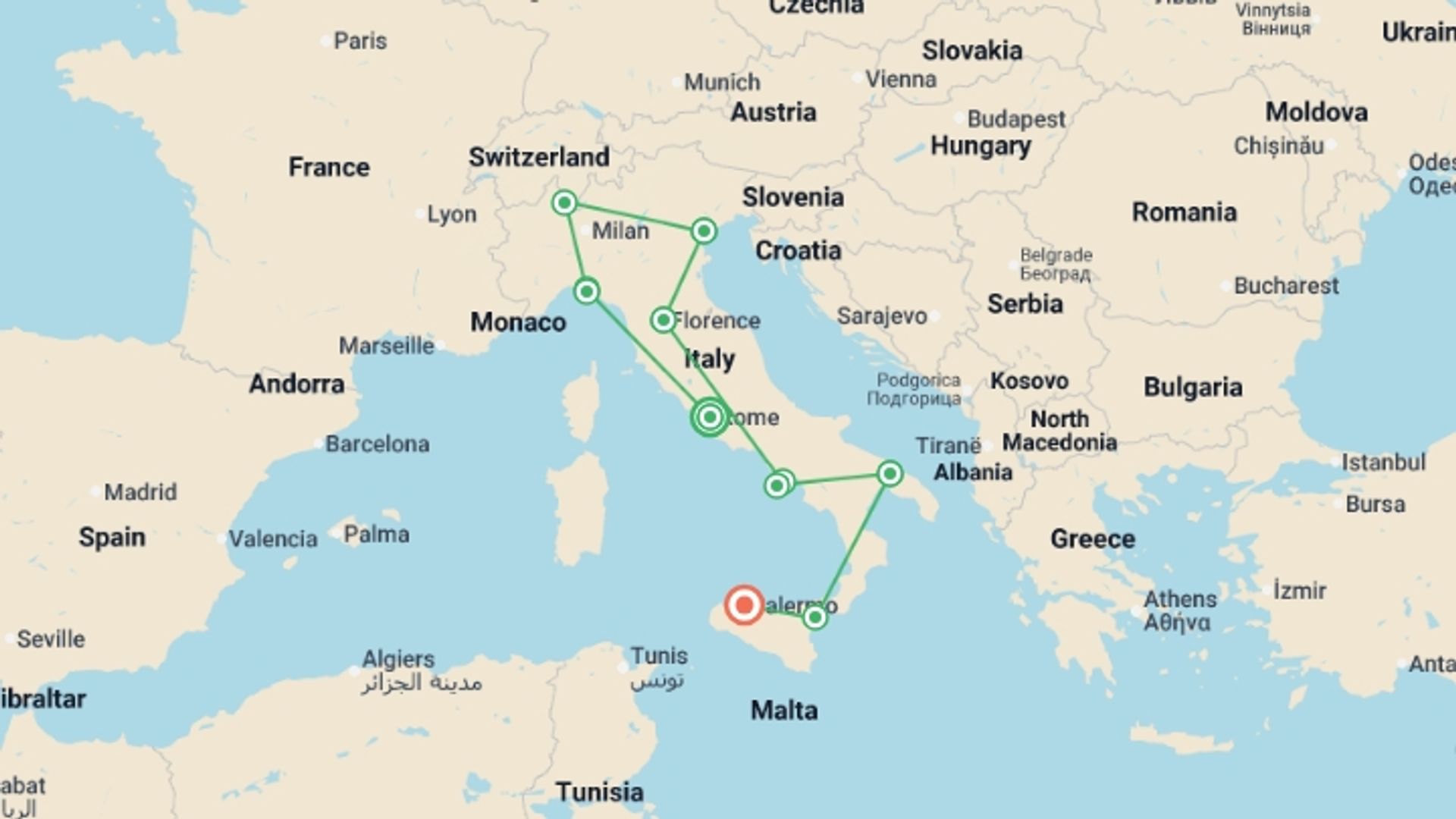 A map showing the tour itinerary for the trip: Grand Italy & Sicily, starting in Rome, Italy and ending in Palermo, Italy going through 9 other destinations.