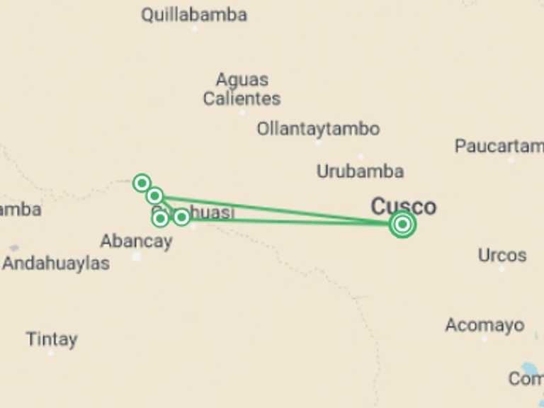 Map of 5-Day Cusco Tour with 4 destination visits for the trip: Five-day Choquequirao Trek – Private Service