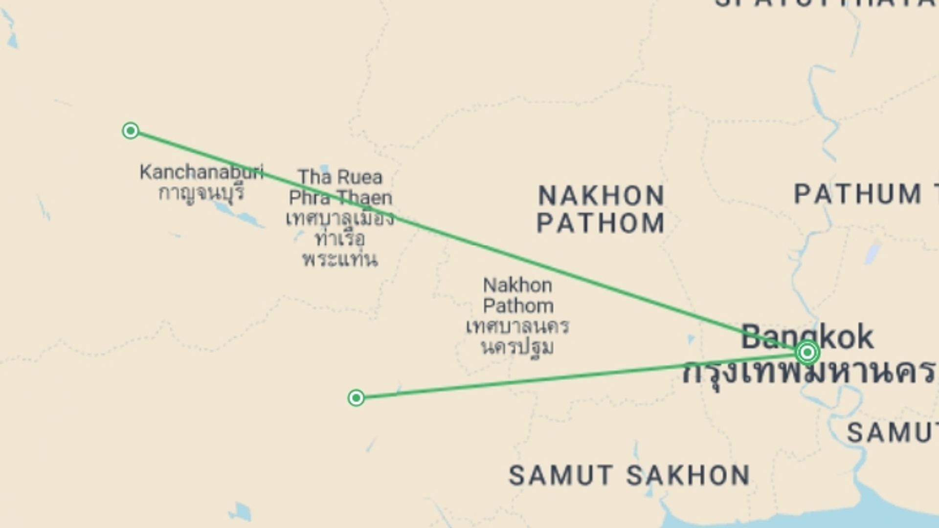 A map showing the tour itinerary for the trip: Must See Bangkok, City Break - Private Tour, starting in Bangkok, Thailand and ending in Bangkok, Thailand going through 1 other destinations.